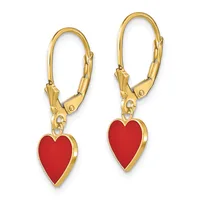 Pair of gold-colored leverback earrings with red enamel heart-shaped charms hanging from decorative loop connectors.