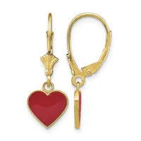 A pair of gold leverback earrings with red enamel heart-shaped pendants and decorative gold caps above each heart.
