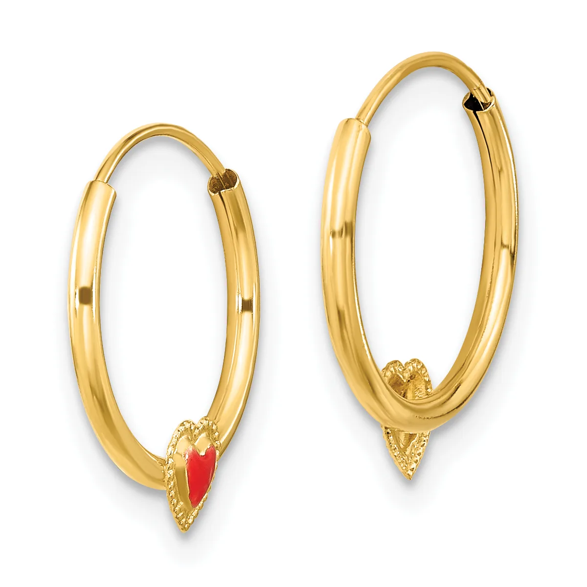 A pair of gold hoop earrings with hinged closures, one featuring a small red stone at the bottom and the other with a textured gold accent.