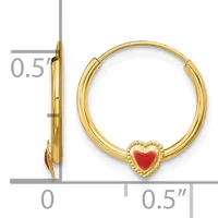 Gold-toned hinged bangle bracelet with a small red heart charm, shown from front and side views with a measurement scale indicating approximately 0.5 inches in width.