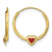 Pair of gold hoop earrings with a red heart charm featuring a beaded gold border, shown front and side view.