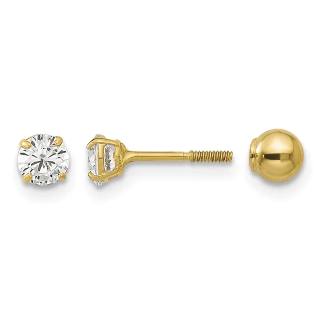 Two gold stud earrings displayed separately: one with a round clear stone in a four-prong setting, and one polished gold ball, both with screw-back posts.