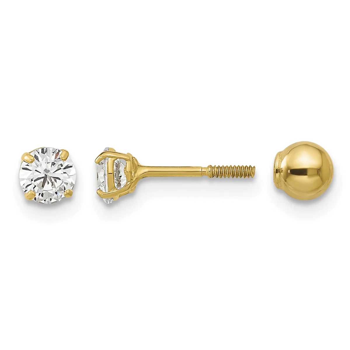 Two gold stud earrings displayed separately: one with a round clear stone in a four-prong setting, and one polished gold ball, both with screw-back posts.