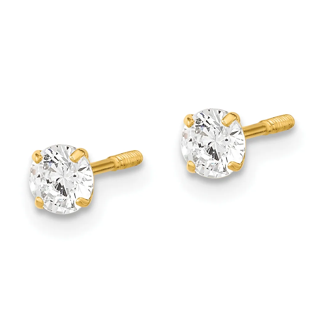 A pair of gold stud earrings with round clear cubic zirconia stones set in four-prong yellow gold settings with textured posts.