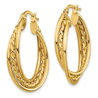 A pair of gold twisted hoop earrings with polished and textured surfaces, displayed side by side against a white background.