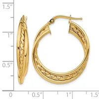 Pair of gold hoop earrings with twisted rope texture design and post and clutch backs, displayed against a measurement scale showing approximately 1.25 inches in diameter.