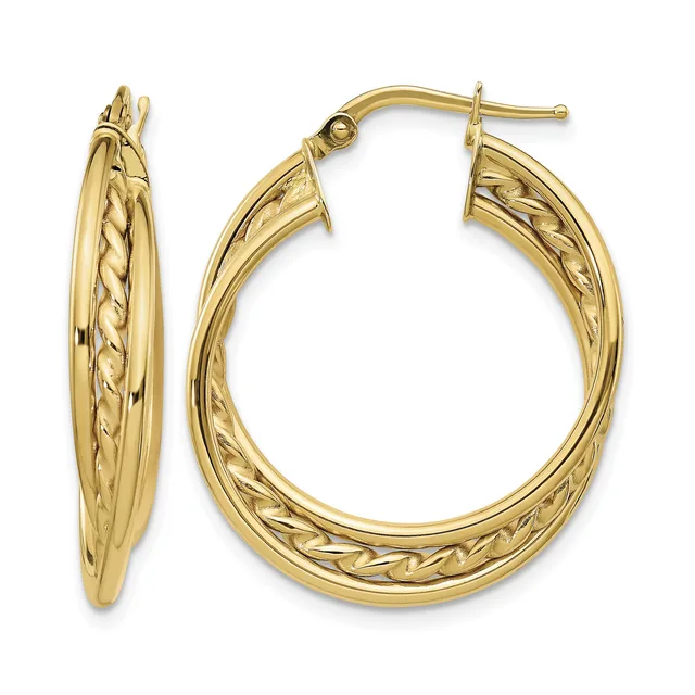A pair of gold hoop earrings with twisted and polished textured surfaces, shown from front and side views.