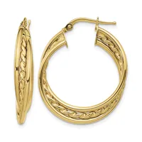 A pair of gold hoop earrings with twisted and polished textured surfaces, shown from front and side views.