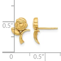 Gold rose-shaped stud earrings shown from front and side views next to a measurement scale indicating approximately 0.5 inches in height.