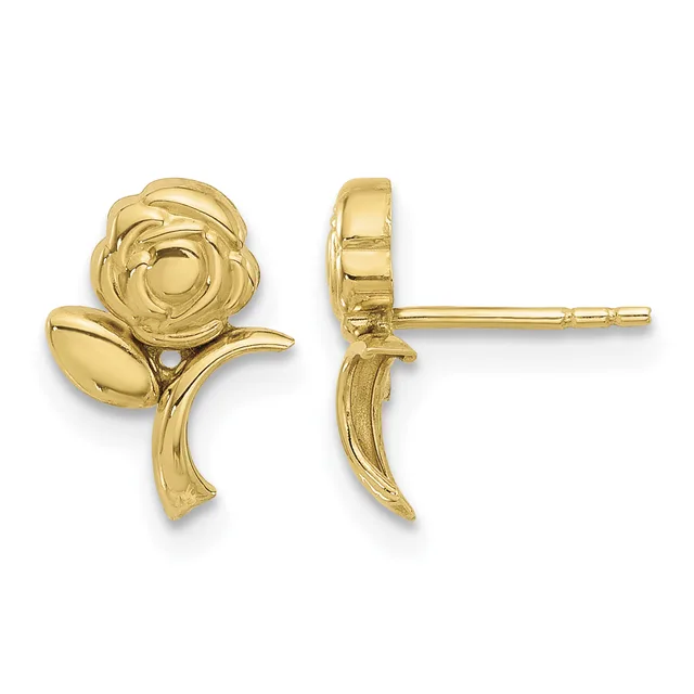 Pair of gold rose-shaped stud earrings shown from front and side views, featuring a blooming flower with curved stem and leaf details.