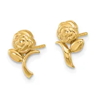 A pair of gold rose-shaped stud earrings with leaf details on the stem, shown from the front against a white background.
