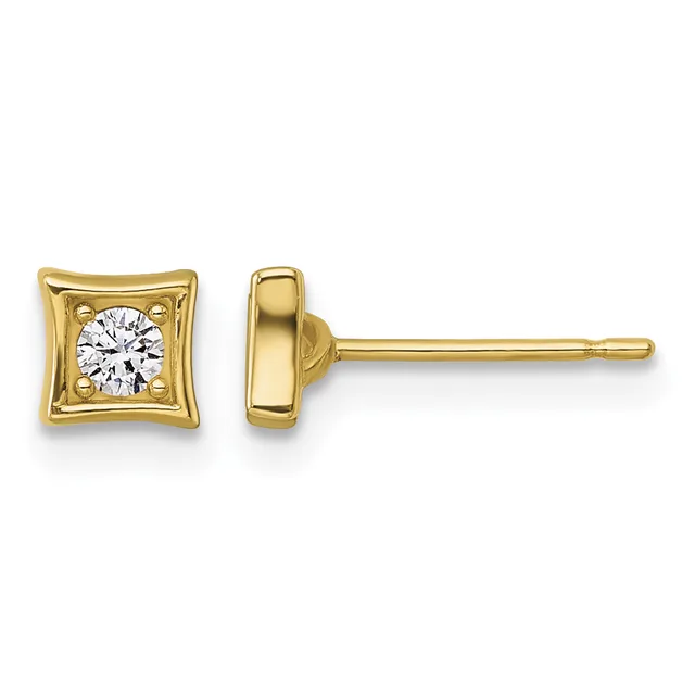 Pair of gold square stud earrings with a decorative border frame, each centering a round clear gemstone, shown from front and side views.