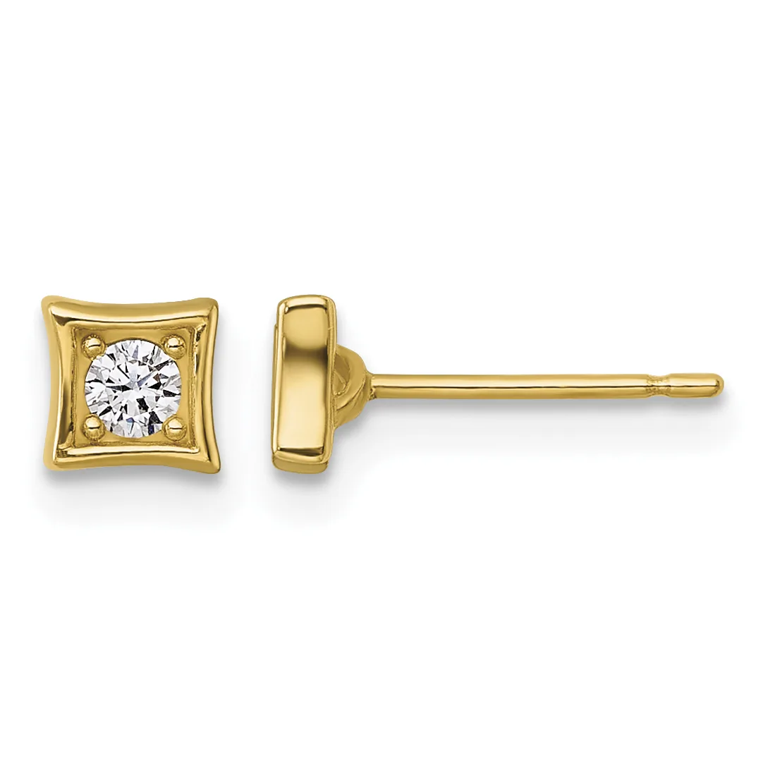 Pair of gold square stud earrings with a decorative border frame, each centering a round clear gemstone, shown from front and side views.