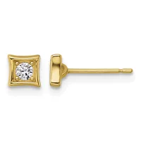 Pair of gold square stud earrings with a decorative border frame, each centering a round clear gemstone, shown from front and side views.