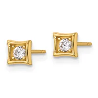 Pair of gold square stud earrings with curved sides, each featuring a round clear diamond in a four-prong setting.
