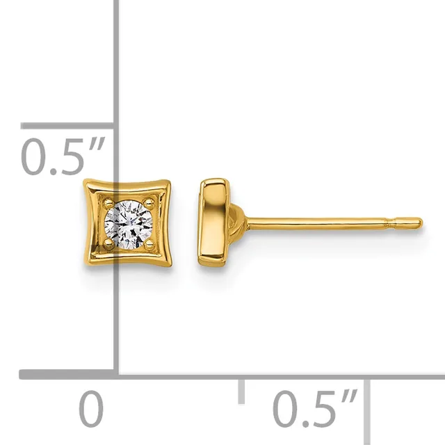 Gold stud earrings with square frames containing round diamonds, shown front and side view with measurement scale indicating approximately 0.5 inches in size.