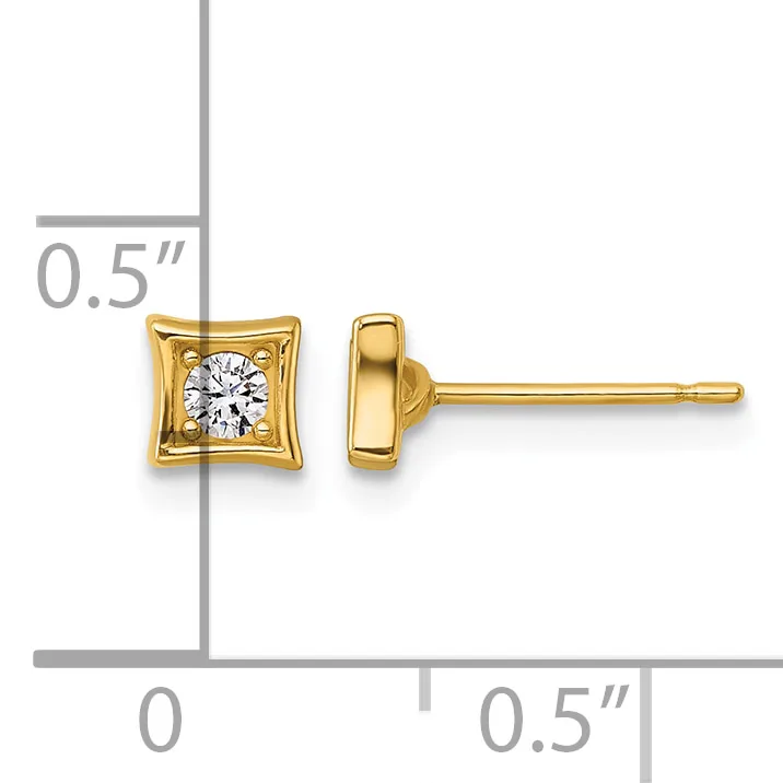 Gold stud earrings with square frames containing round diamonds, shown front and side view with measurement scale indicating approximately 0.5 inches in size.