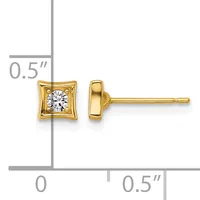 Gold stud earrings with square frames containing round diamonds, shown front and side view with measurement scale indicating approximately 0.5 inches in size.