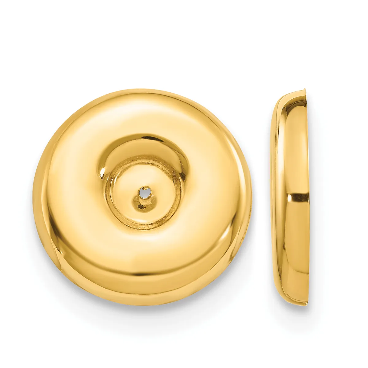 Two views of a polished gold circular earring with a concentric ring design and a small center post with backing.