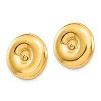 A pair of polished gold button earrings with swirled dome surfaces and small diamonds set in the center of each spiral design.