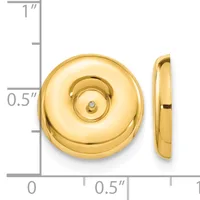 Two views of a polished gold-colored circular earring with a domed surface and central post, shown against a measurement scale indicating approximately one inch in diameter.