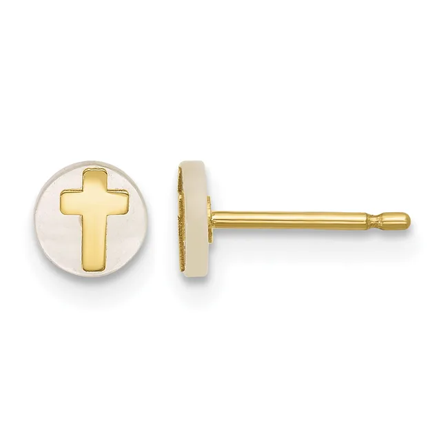 Pair of gold stud earrings featuring a white circular disc with a gold cross design in the center, shown from front and side views.