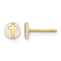 Pair of gold stud earrings featuring a white circular disc with a gold cross design in the center, shown from front and side views.