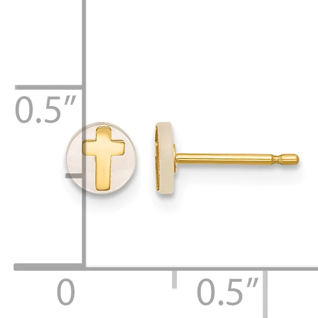 Gold stud earrings with a cross design on a round mother-of-pearl background, shown with a measurement scale indicating 0.5 inches in diameter.