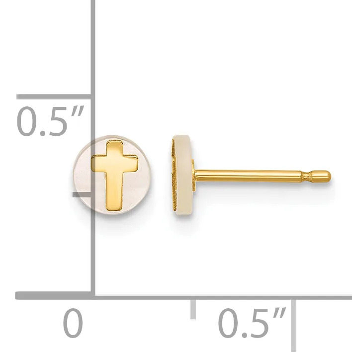 Gold stud earrings with a cross design on a round mother-of-pearl background, shown with a measurement scale indicating 0.5 inches in diameter.