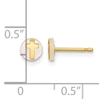 Gold stud earrings with a cross design on a round mother-of-pearl background, shown with a measurement scale indicating 0.5 inches in diameter.