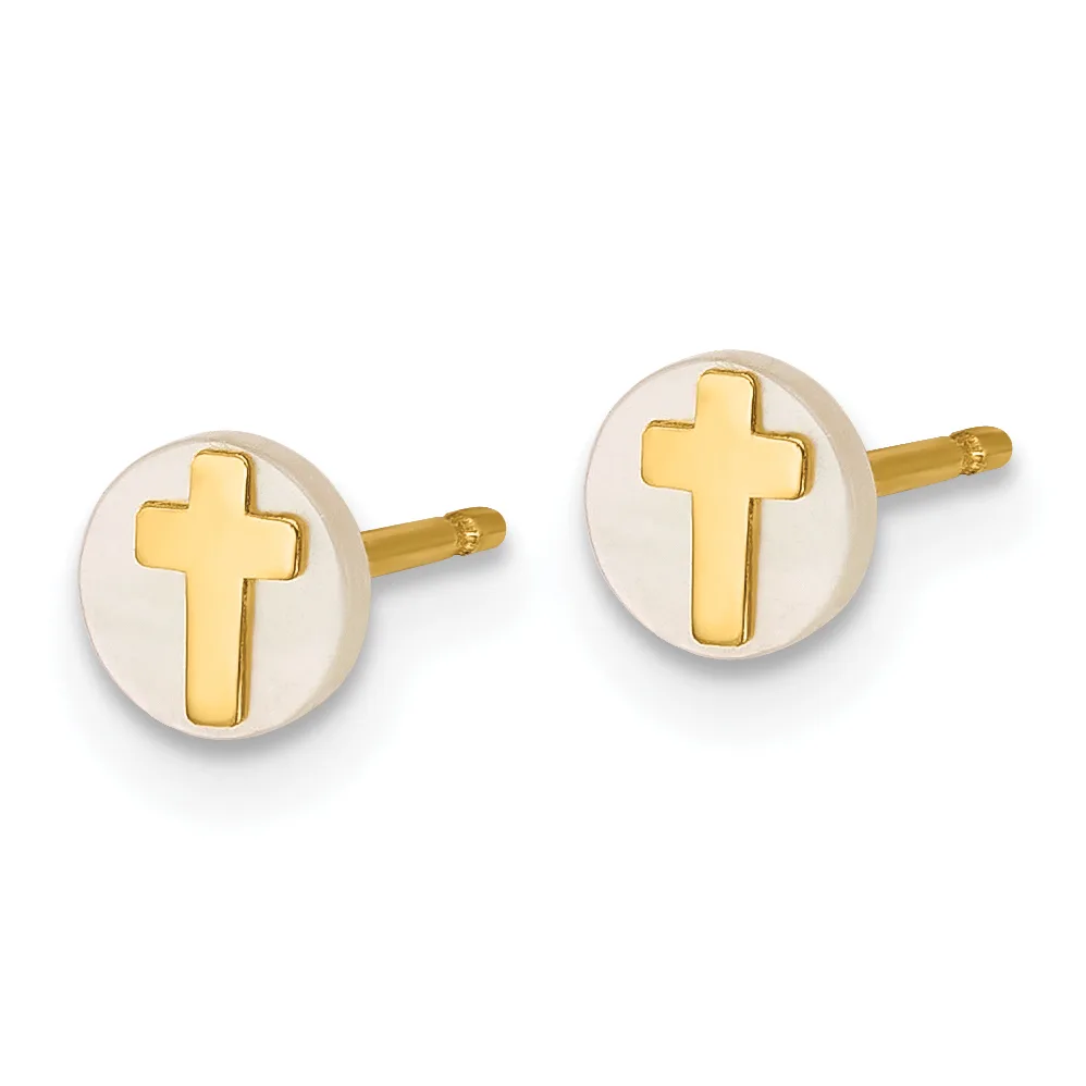 A pair of gold and white enamel stud earrings, each featuring a gold cross centered on a circular white enamel background.