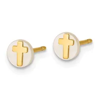 A pair of gold and white enamel stud earrings, each featuring a gold cross centered on a circular white enamel background.