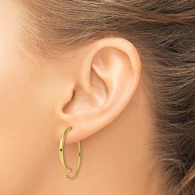 A person wearing a gold hoop earring in their earlobe, shown in profile view against their ear and neck.