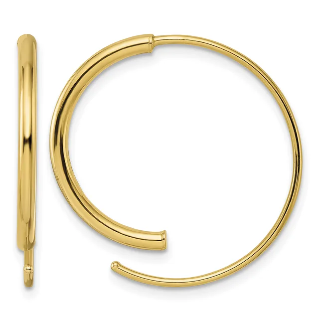 A pair of polished gold hoop earrings shown from the front and side view, displaying their smooth rounded tubing and hinged closure mechanism.