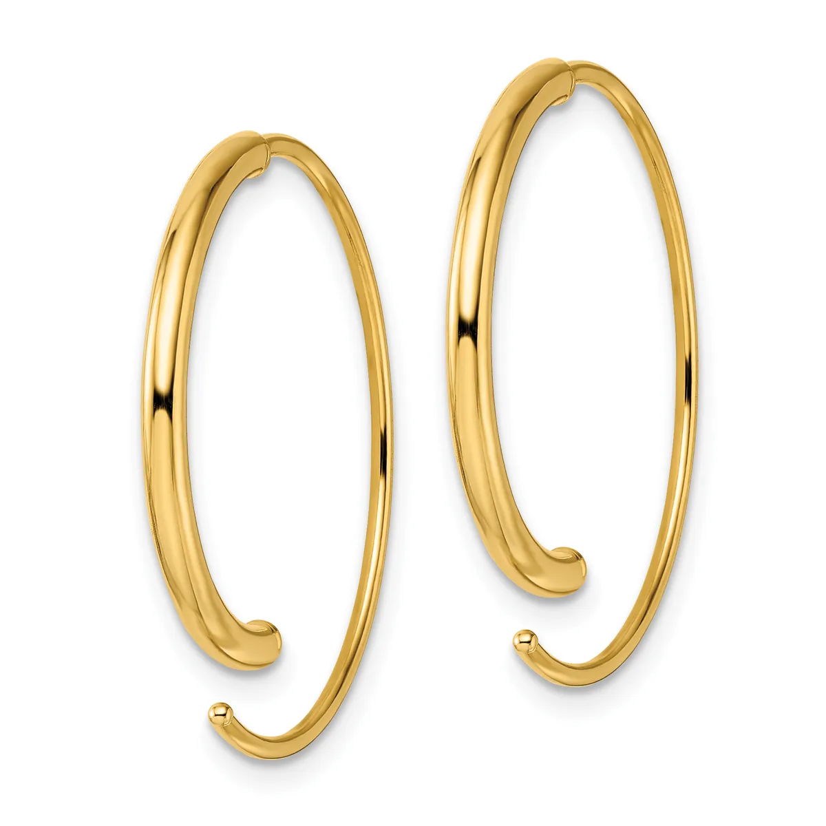 A pair of polished gold-colored curved hoop earrings with rounded ends, displayed against a white background.