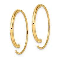 A pair of polished gold-colored curved hoop earrings with rounded ends, displayed against a white background.