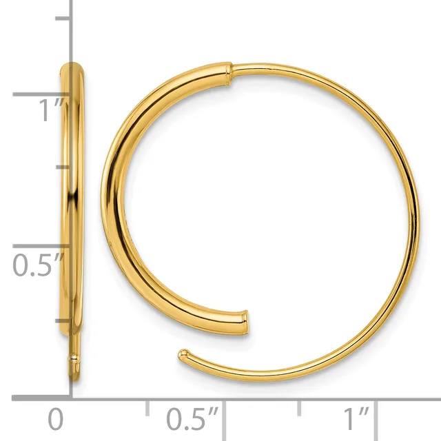 Gold-toned hoop earrings shown from front and side view with a ruler indicating dimensions of approximately 1 inch diameter and 0.5 inch tube width.