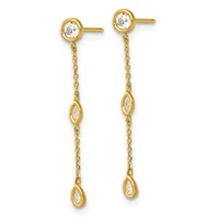 Pair of gold drop earrings with round diamond studs at the top, connected by delicate chain links to marquise-shaped diamond pendants hanging below.