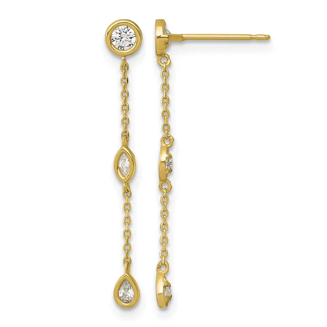 Pair of gold dangle earrings with round and marquise-cut diamond stations connected by delicate chain links, shown from front and back views.