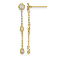 Pair of gold dangle earrings with round and marquise-cut diamond stations connected by delicate chain links, shown from front and back views.