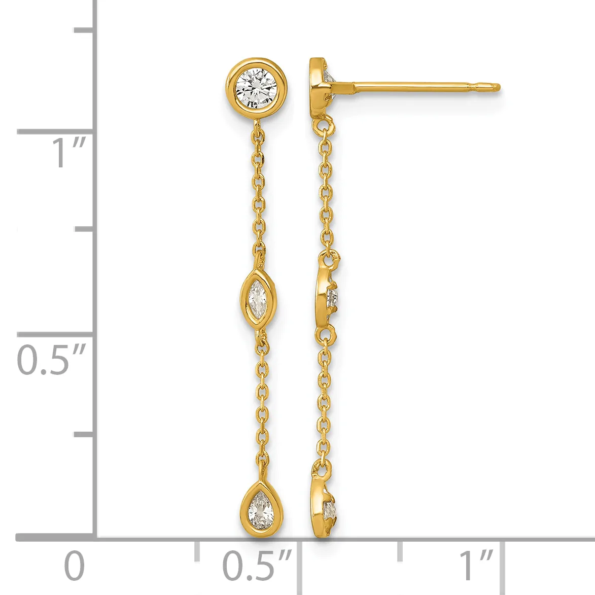 Gold drop earrings with round and teardrop-shaped diamond settings suspended from delicate chain links, displayed next to a measurement ruler.