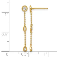 Gold drop earrings with round and teardrop-shaped diamond settings suspended from delicate chain links, displayed next to a measurement ruler.