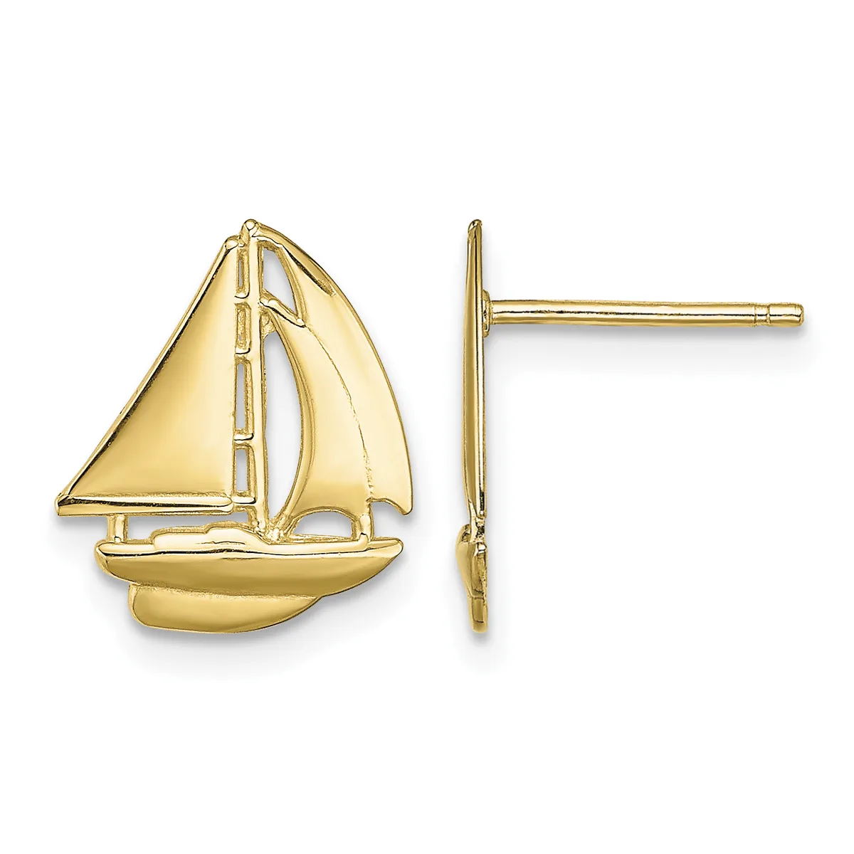 A pair of gold sailboat stud earrings shown from front and side views, featuring detailed rigging and sail designs.