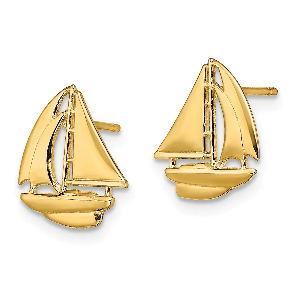 Pair of polished gold sailboat stud earrings with detailed rigging and hull design, shown from front and slightly angled views.
