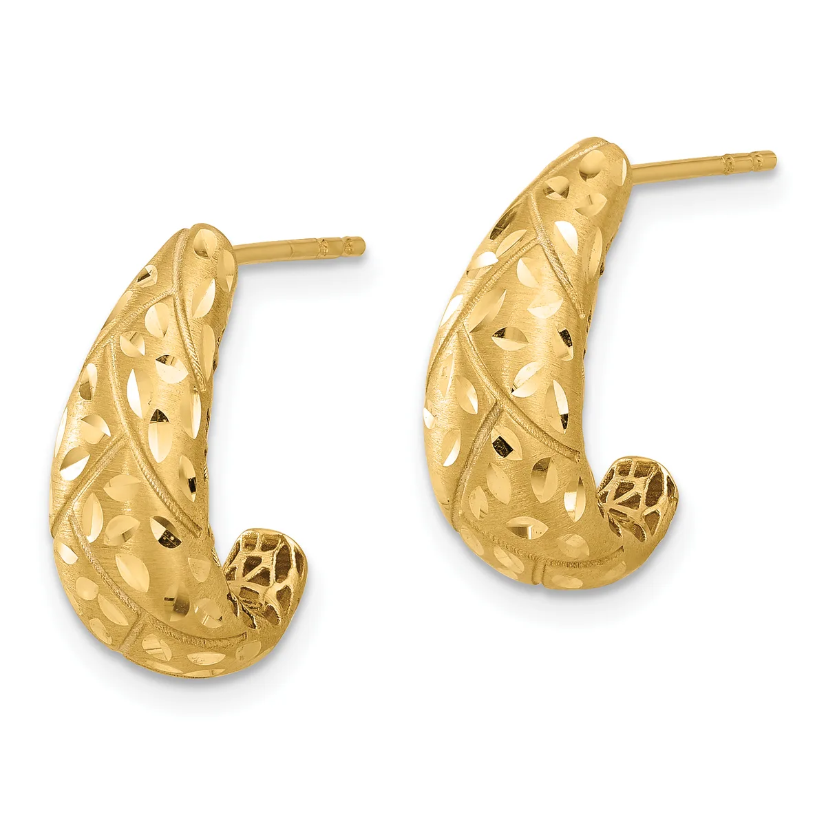 A pair of gold hoop earrings with intricate cutout filigree patterns throughout, featuring small spherical gold beads at the bottom, displayed against a white background.