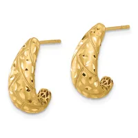 A pair of gold hoop earrings with intricate cutout filigree patterns throughout, featuring small spherical gold beads at the bottom, displayed against a white background.