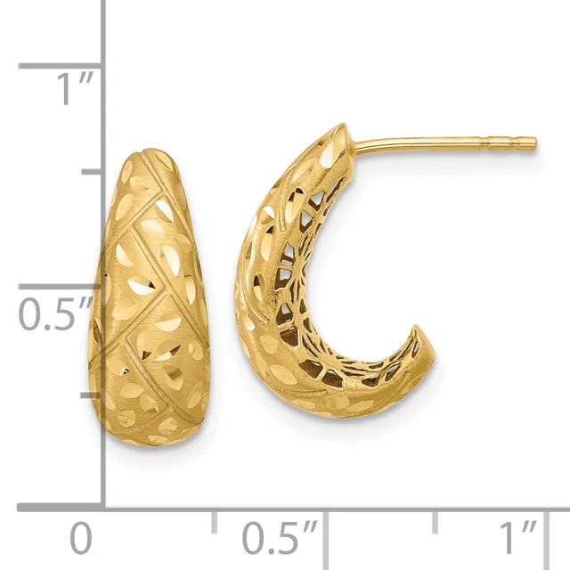 Pair of gold textured hoop earrings with cutout pattern design, shown next to a ruler measuring approximately 0.75 inches in length.