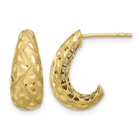 A pair of gold hoop earrings with a textured, leaf-patterned surface and curved J-shaped design, shown from the front.