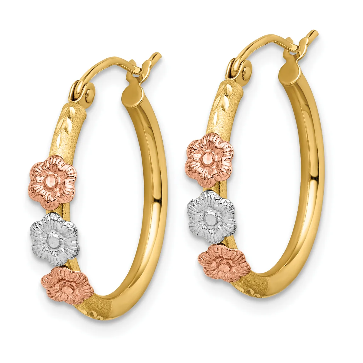 A pair of tricolor gold hoop earrings with textured rose gold and white gold flower-shaped charms arranged vertically along the yellow gold tubes.