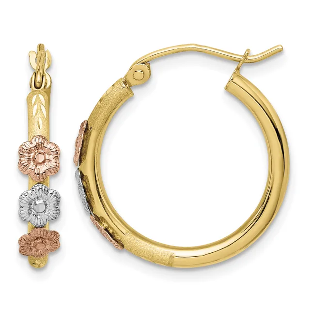 Pair of gold hoop earrings with tri-color floral charms in yellow, rose, and white gold, shown from front and side views.